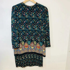 Vintage 80s Office Dress 16  Navy Floral Overlay Pleats Long Sleeve Cotagecore